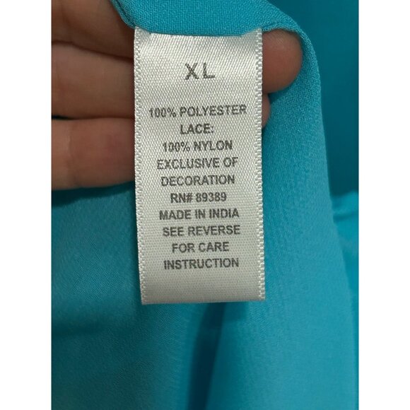 Fig & Vine XL Pom-Pom Trim Sheer Kaftan Teal Multicolor Satin Tie Cover-Up - Picture 7 of 11